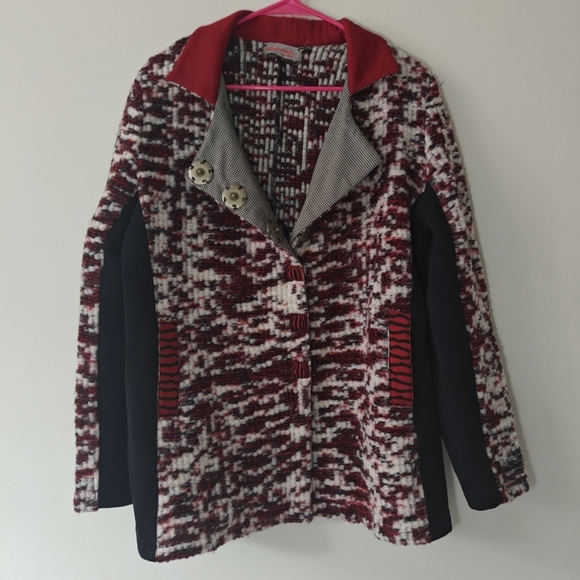 Deborah Cross Sz Lare Wool Red Black Collared Button Up Jacket Textile Artist - Picture 5 of 8